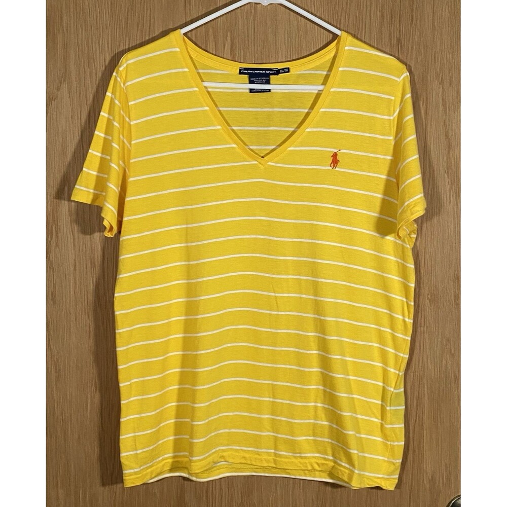 Ralph Lauren Sport Yellow Striped V-Neck T-Shirt Pima Cotton Pony Women's XL